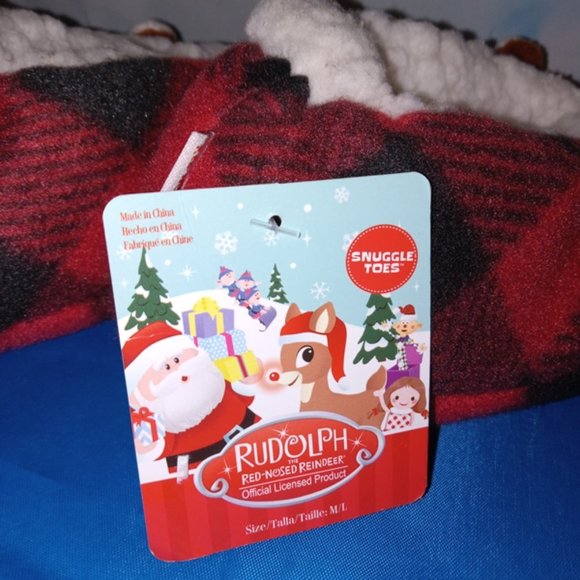 Rudolph the Red-Nosed Reindeer Sherpa Flannel Slippers Snuggle Toes Kid M/L 13-4 - Picture 4 of 6